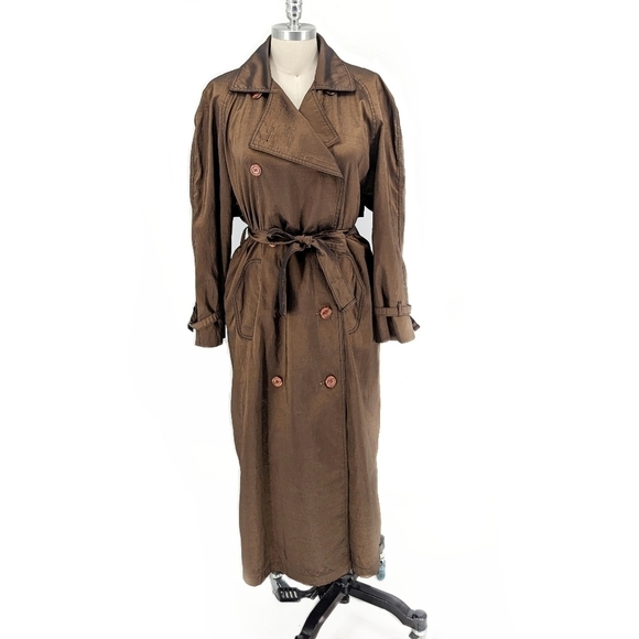 Oliver B Taffeta Double Breasted Trench Coat Green L retro vintage 90s y2k 80s - Picture 1 of 12